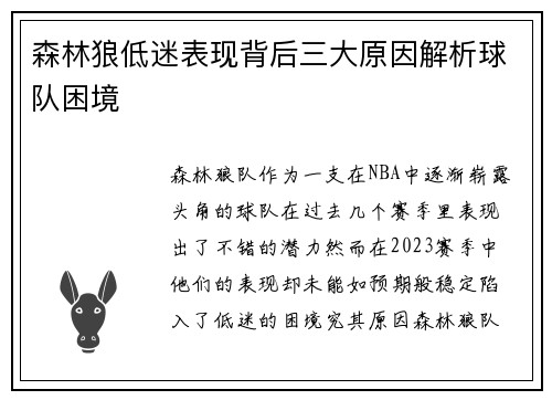森林狼低迷表现背后三大原因解析球队困境